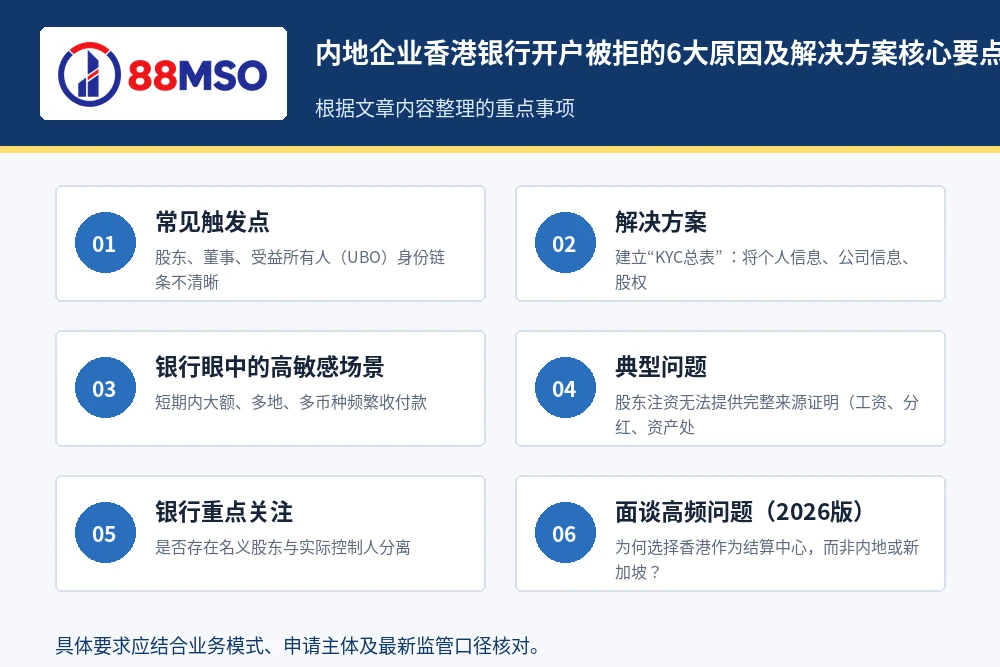hk bank account rejection 2026 key points 内地企业香港银行开户被拒的6大原因及解决方案核心要点。