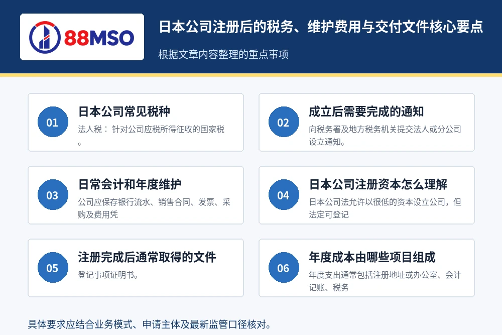 japan company tax maintenance key points 日本公司注册后的税务、维护费用与交付文件核心要点。